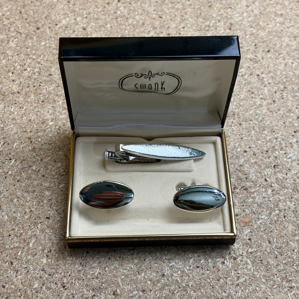 Vintage Swank Cufflink and Tie Clip Set Silver Tone Oval Mid Century Modern Box